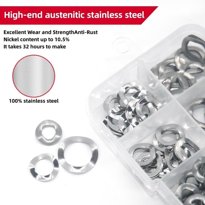 AIMUNOK 350PCS Spring Wave Washer Gasket Assortment Kit, M3 M4 M5 M6 M8 M10 M12 Wavy Wave Crinkle Spring Washers Sets, 304 Stainless Steel Metric Wave Spring Washer for Screw Bolt - Image 3